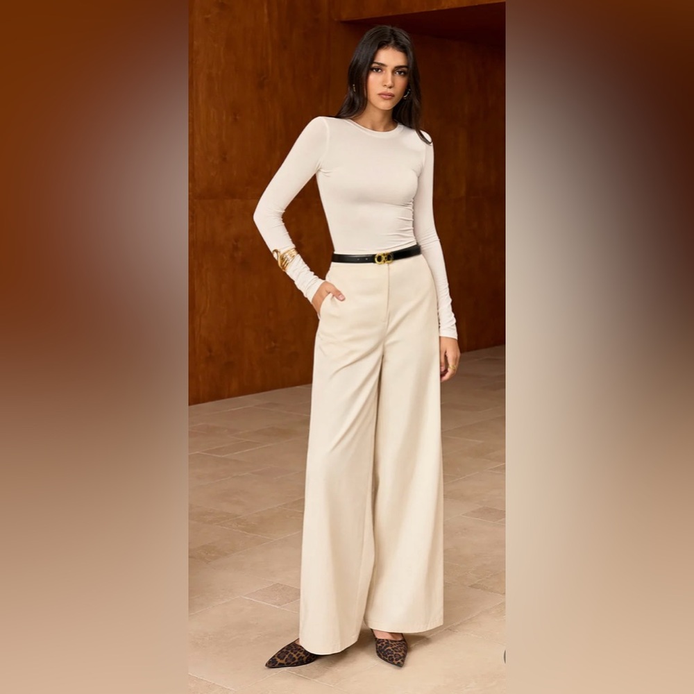 Cream Wide-Leg High-Waist Pants